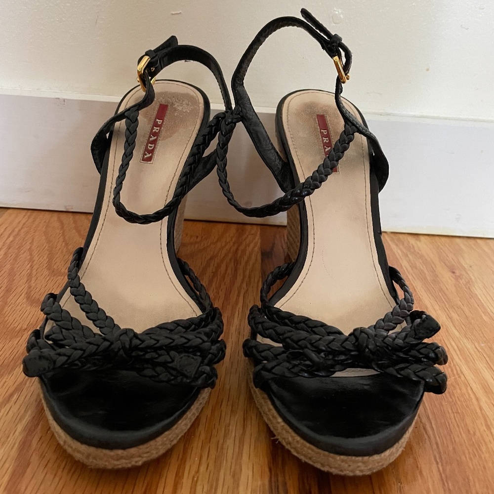 PRADA SPORT Black Leather Wedge Espadrilles